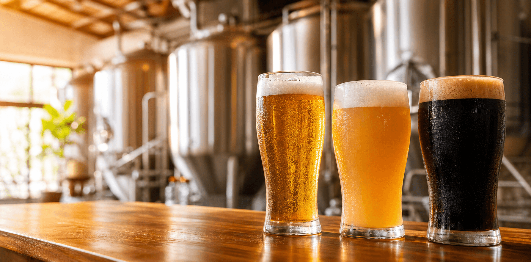 WISET BEER craft styles on a bar with brewery tanks behind
